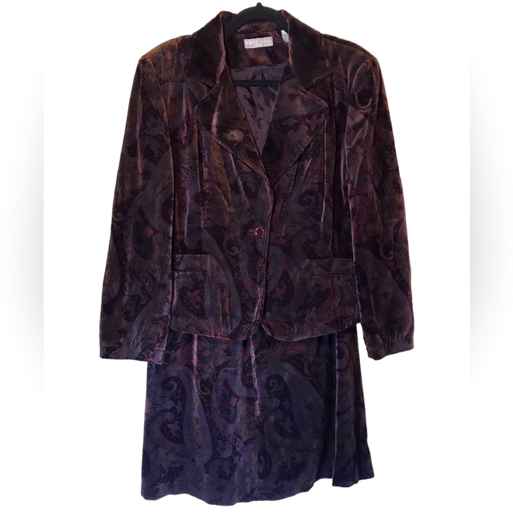 Deep jewel tone paisley velvet feel dressy blazer and matching pencil skirt